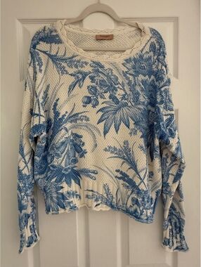 Twinset Milano Floral Toile de Jouy Cotton Knit Sweater XS Blue White